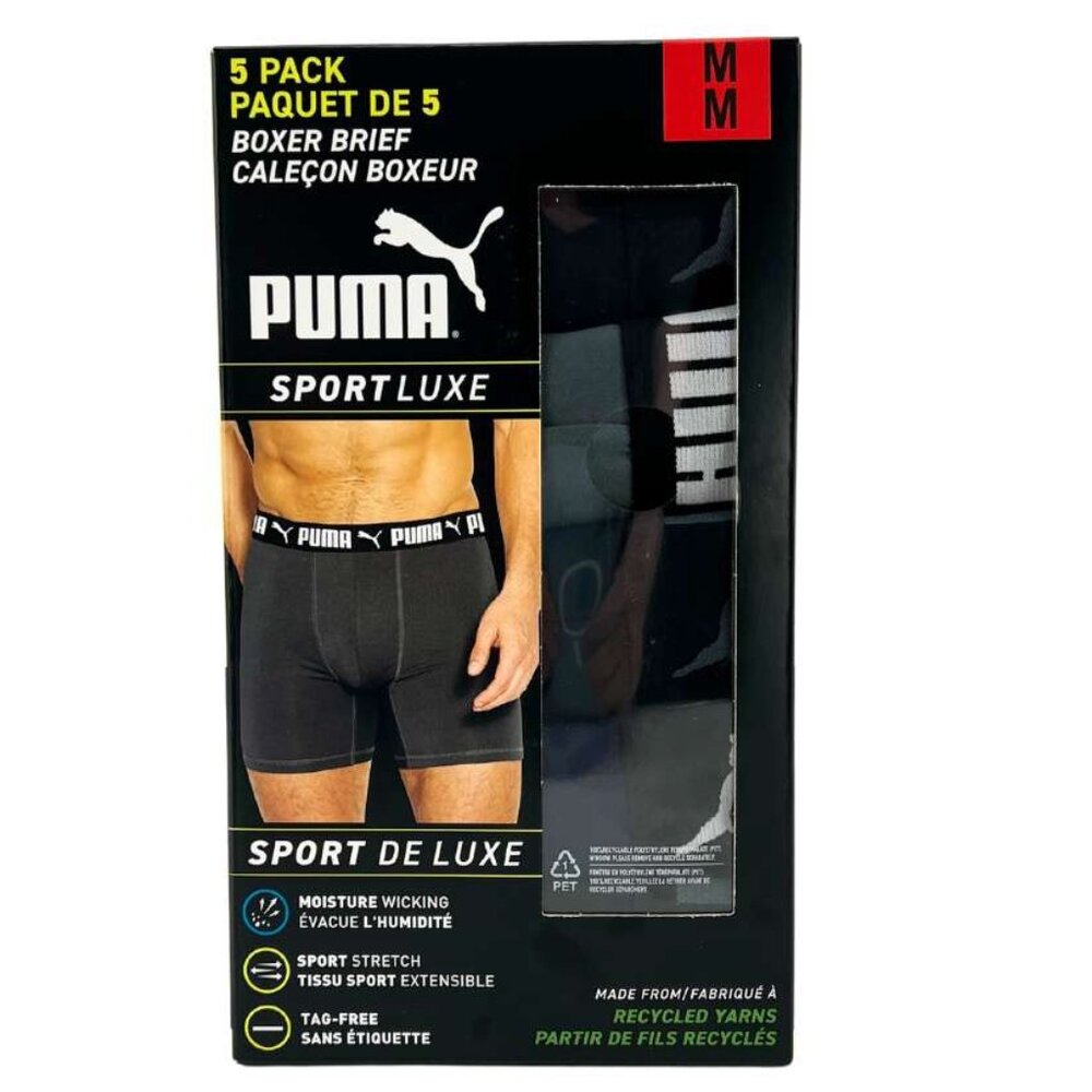 Puma | Men's Boxer Brief Underwear | 5 Pack | Black, Grey & Blue | Medium